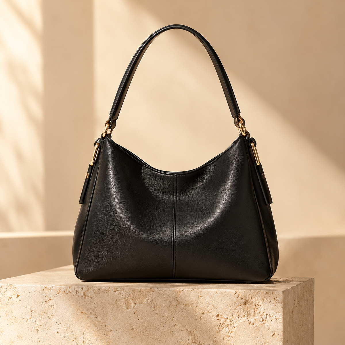 Black leather shoulder bag on a warm cream limestone pedestal
