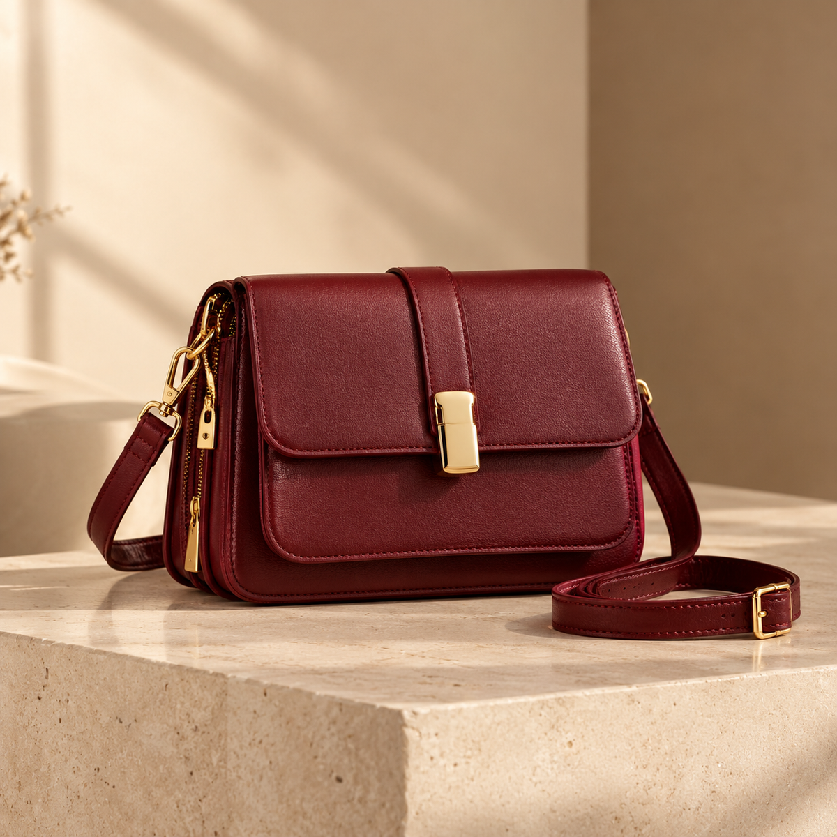 Burgundy layered crossbody handbag on a cream limestone pedestal