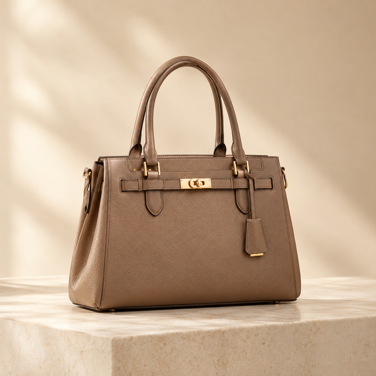 Taupe structured business tote on a warm cream marble pedestal